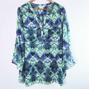 Como Woman Blue Green Semi Sheer Geometric Print Roll Tab Sleeve Blouse Size 1X